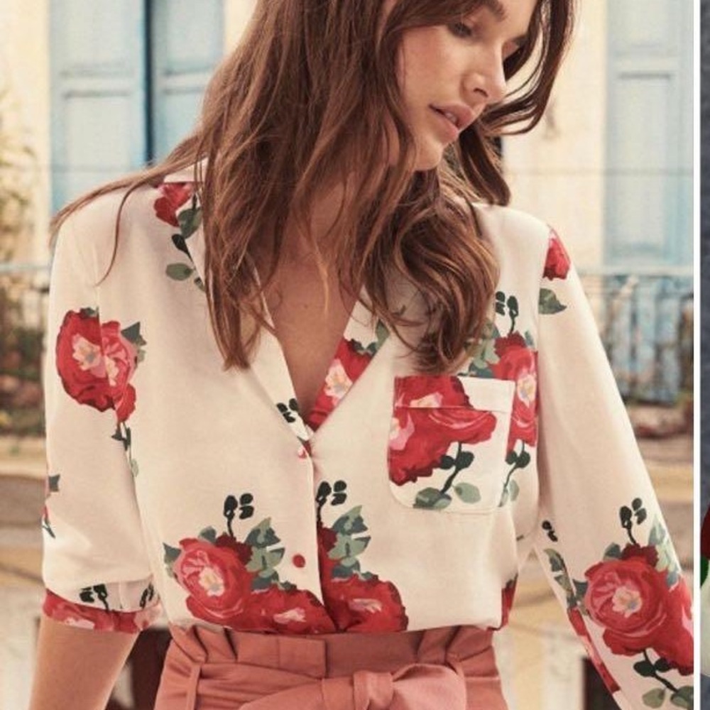 Sezane Peony Red Floral Silk Blouse